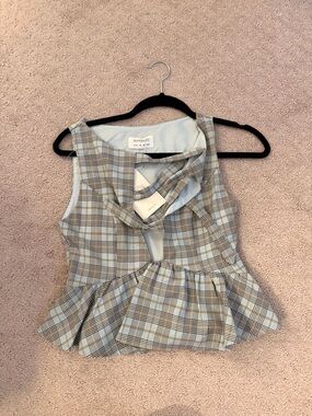 Peppermayo Light Blue and Brown Plaid Peplum Tie-Front Top